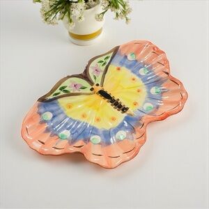 Vintage World Bazaar Ceramic Hand Painted Butterfly Trinket Serving Dish Large